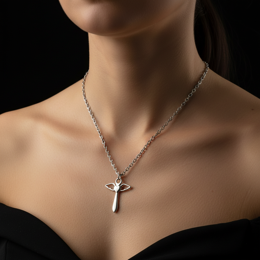 VLKRY - Pure Titanium Jewelry Angel Halskette mit Flügel-Anhänger an einer silbernen O-Kette, getragen am Hals.
