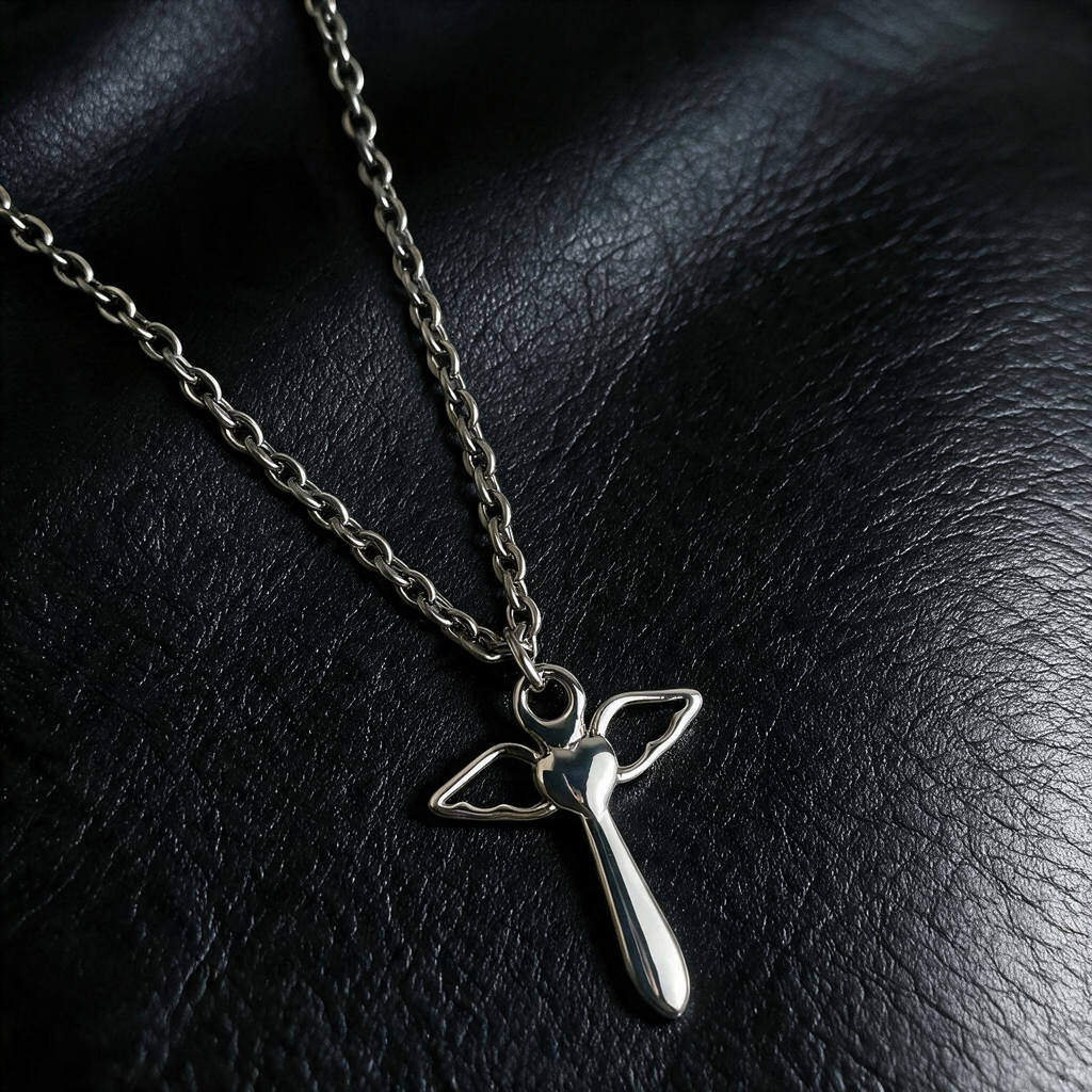 VLKRY - Pure Titanium Jewelry Angel Halskette mit Kreuz-Anhänger und Engelsflügeln aus poliertem Titan auf Leder