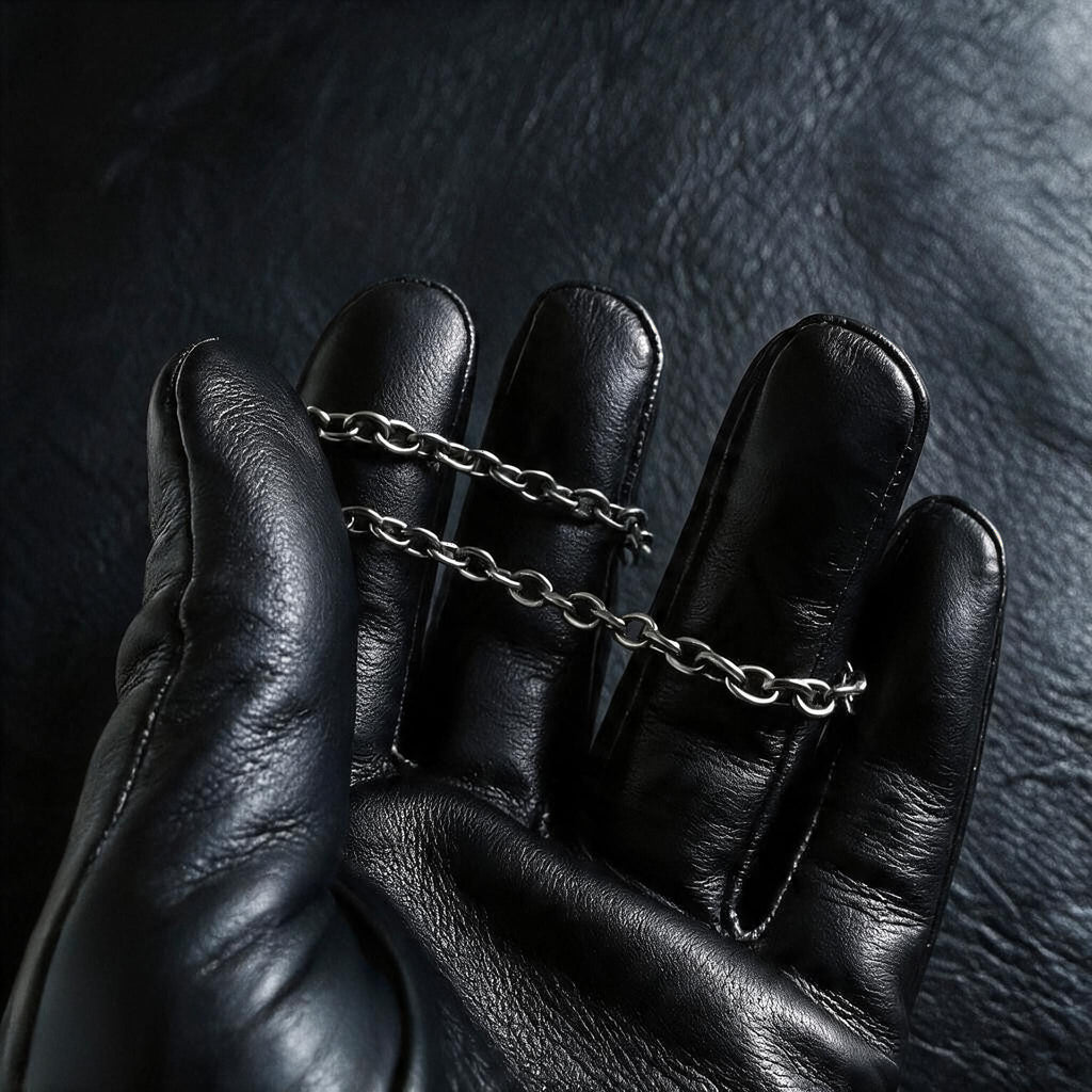 VLKRY - Pure Titanium Jewelry Apex Armband mit ovalen Gliedern aus reinem Titan in einer schwarzen Lederhandschuh-Hand