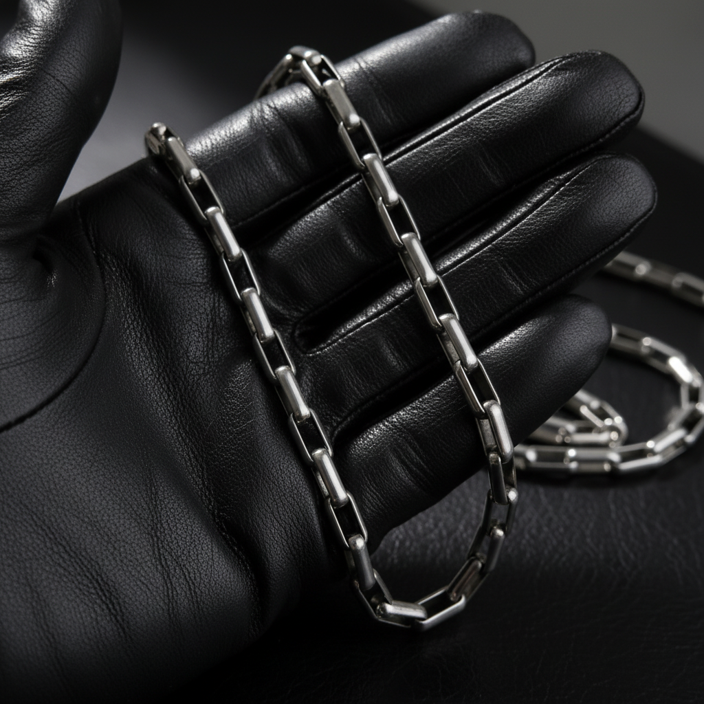 VLKRY - Pure Titanium Jewelry Brisk Halskette mit geometrischen Gliedern aus poliertem, leichtem Titan auf schwarzem Handschuh
