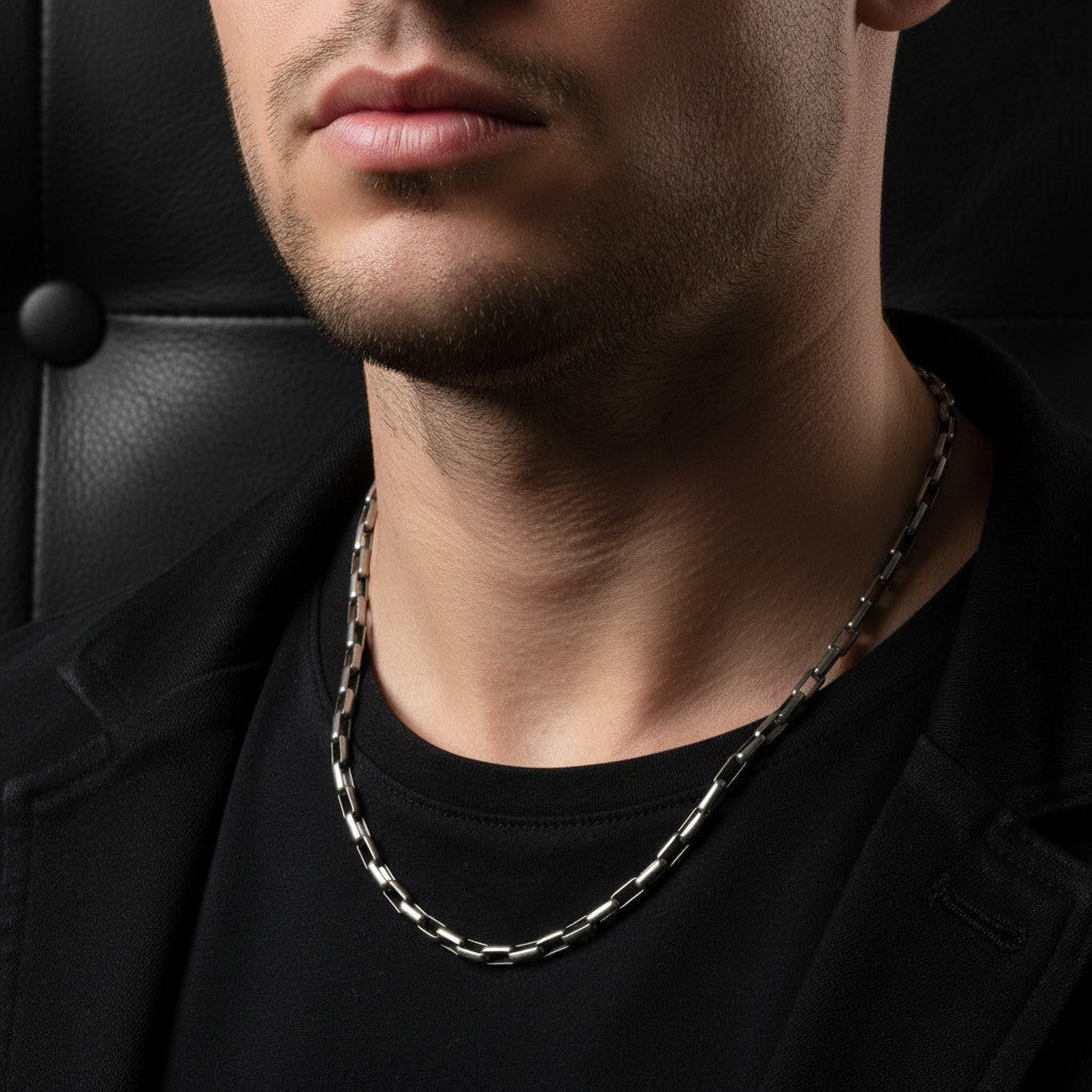 VLKRY - Pure Titanium Jewelry Brisk Halskette mit geometrischem Kettendesign aus poliertem Titan an einem Mann