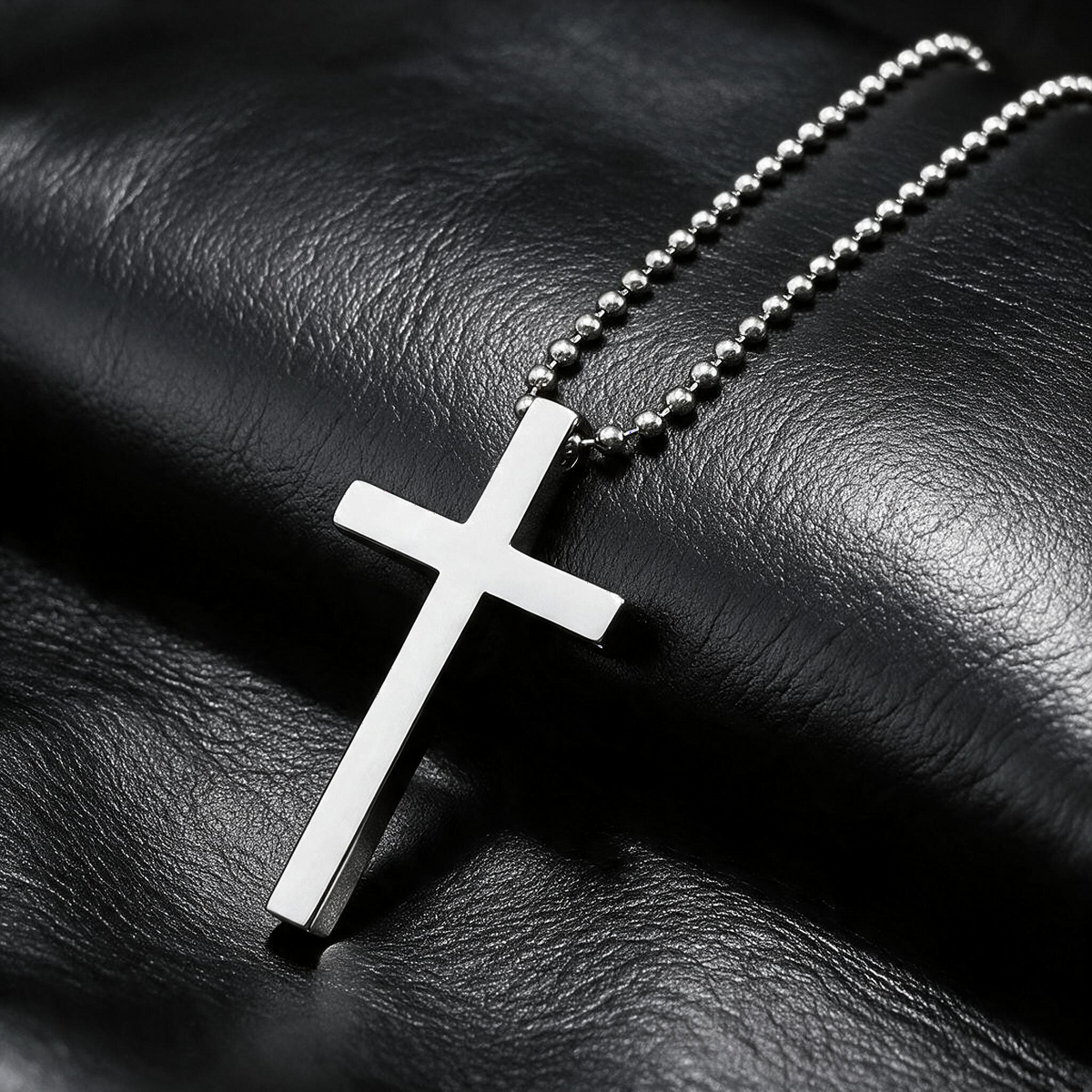 VLKRY - Pure Titanium Jewelry Crux Halskette mit glänzendem Kreuz-Anhänger an einer Perlenkette aus reinem Titan