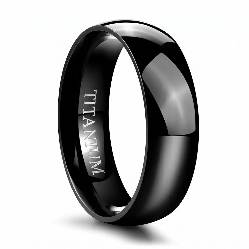 VLKRY - Pure Titanium Jewelry Eclipse Ring in poliertem Schwarz mit gewölbtem Design und Titan-Gravur innen.