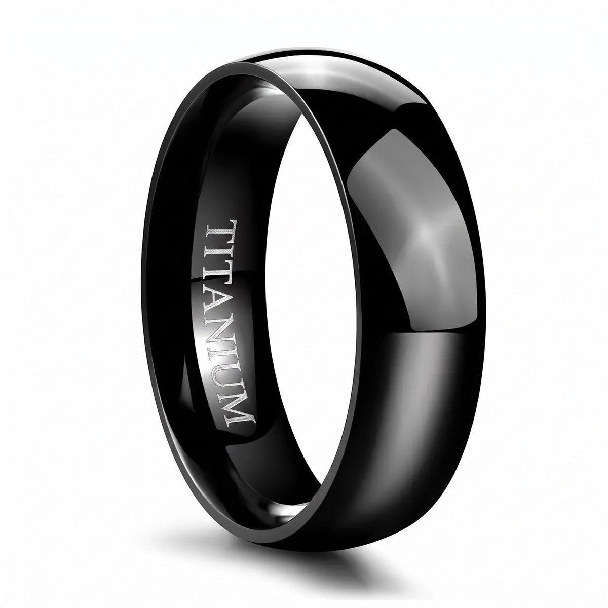 VLKRY - Pure Titanium Jewelry Eclipse Ring in poliertem Schwarz mit gewölbtem Design und Titan-Gravur innen.