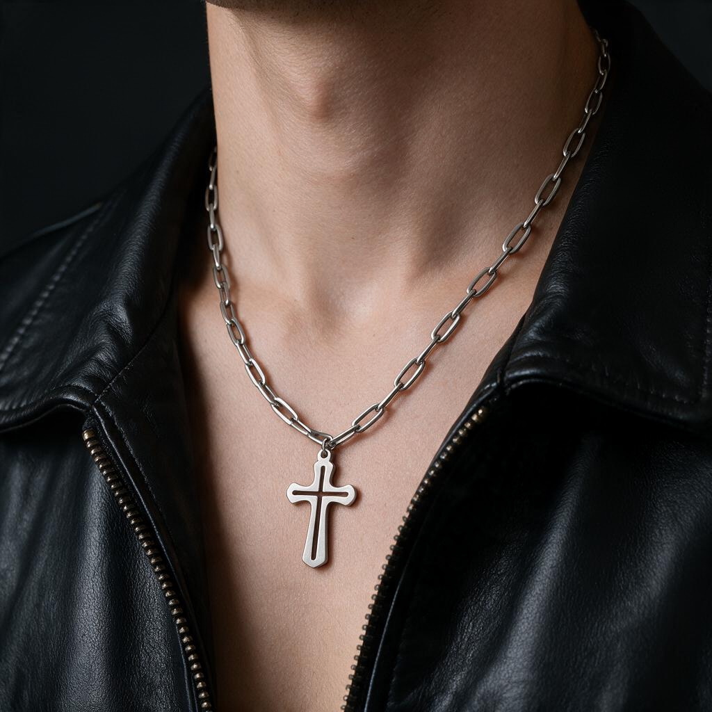VLKRY - Pure Titanium Jewelry Faith Halskette mit Kreuzanhänger aus Titan an einer Gliederkette, getragen am Hals.