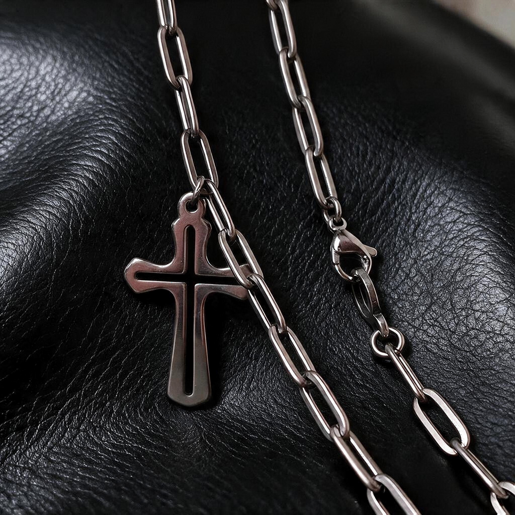 VLKRY - Pure Titanium Jewelry Faith Halskette mit Kreuzanhänger aus poliertem, hypoallergenem Titan an Gliederkette.
