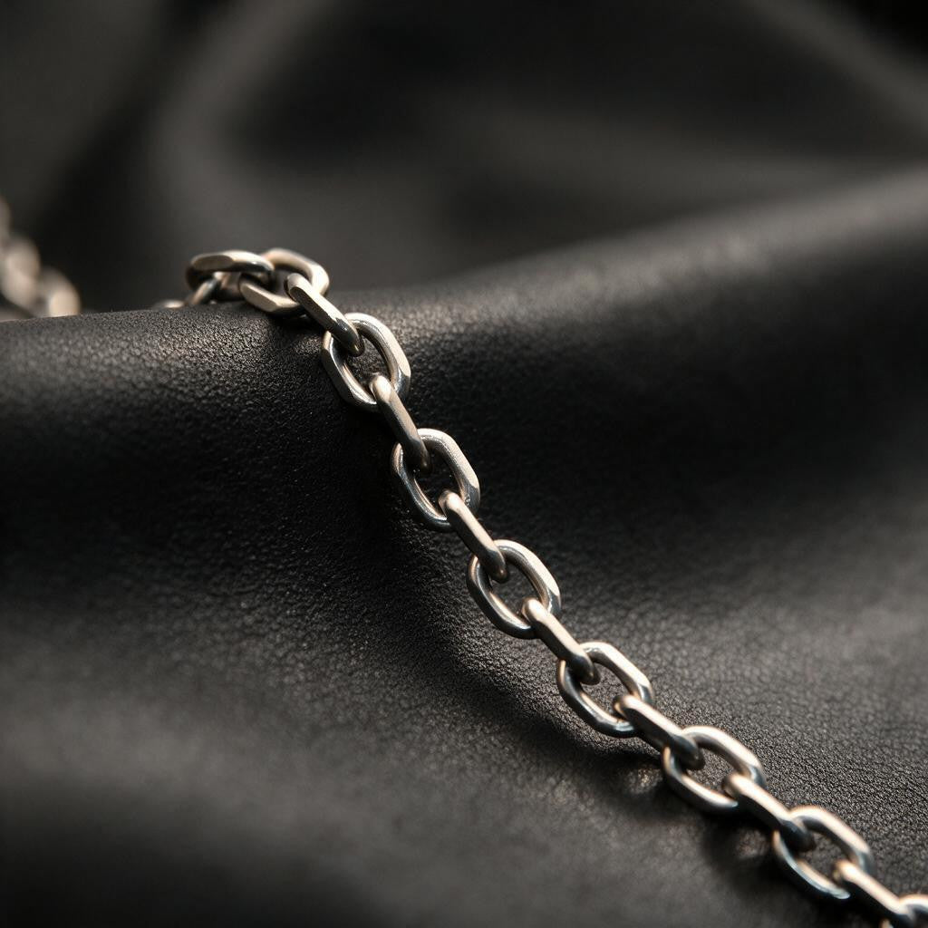 VLKRY - Pure Titanium Jewelry Flow Armband aus reinem Titan mit feinen Gliedern auf schwarzem Lederhintergrund