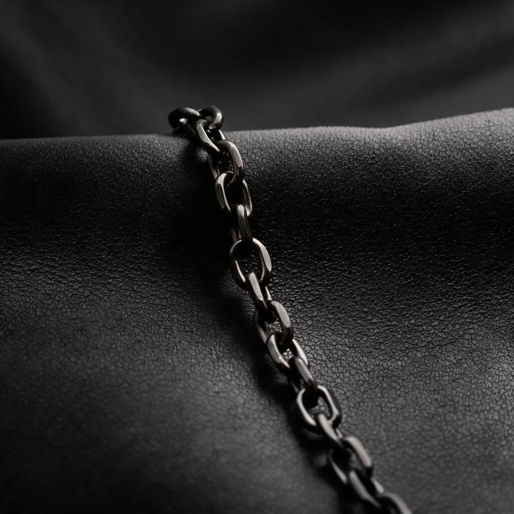 VLKRY - Pure Titanium Jewelry Flow Armband aus dunklem, glänzendem Titan mit filigranen Kettengliedern auf Leder