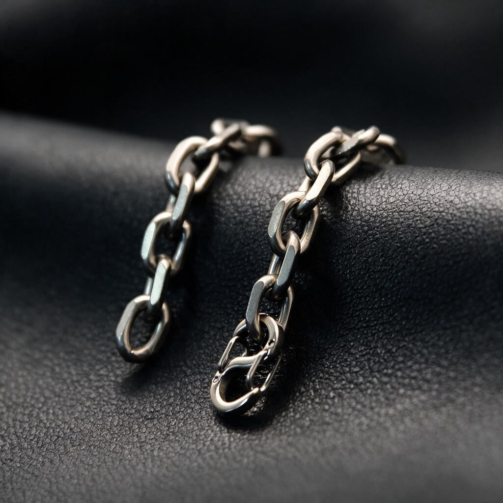 VLKRY - Pure Titanium Jewelry Flow Armband aus reinem Titan mit glänzenden Kettengliedern auf schwarzem Leder