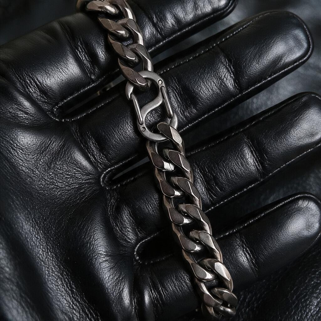 VLKRY Forge Armband aus reinem Titan mit 10,5 mm breiter Cuban-Kette in mattem Stonewashed-Grau auf schwarzem Leder