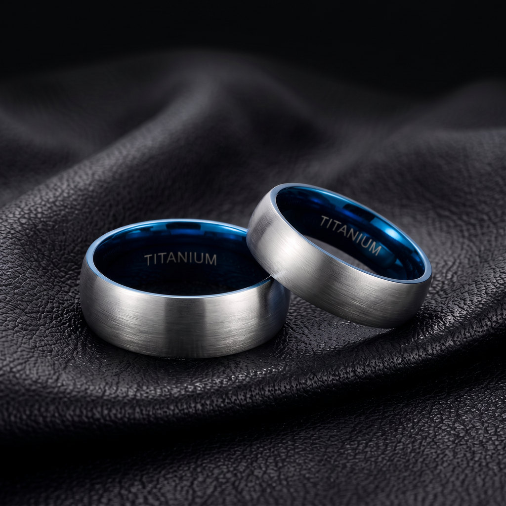 VLKRY - Pure Titanium Jewelry Core Ring mit gebürsteter silberner Oberfläche und blauem poliertem Innenbereich