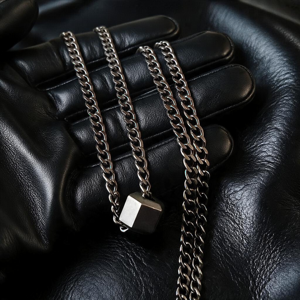 VLKRY - Pure Titanium Jewelry Geo Halskette mit sechseckigem Anhänger und Gliederkette auf schwarzem Lederhandschuh