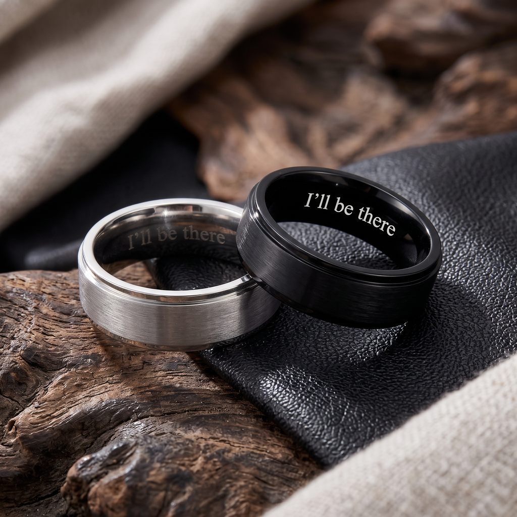 VLKRY - Pure Titanium Jewelry Ring-Set in Silber und Mattschwarz mit Gravur I'll be there auf rustikalem Untergrund