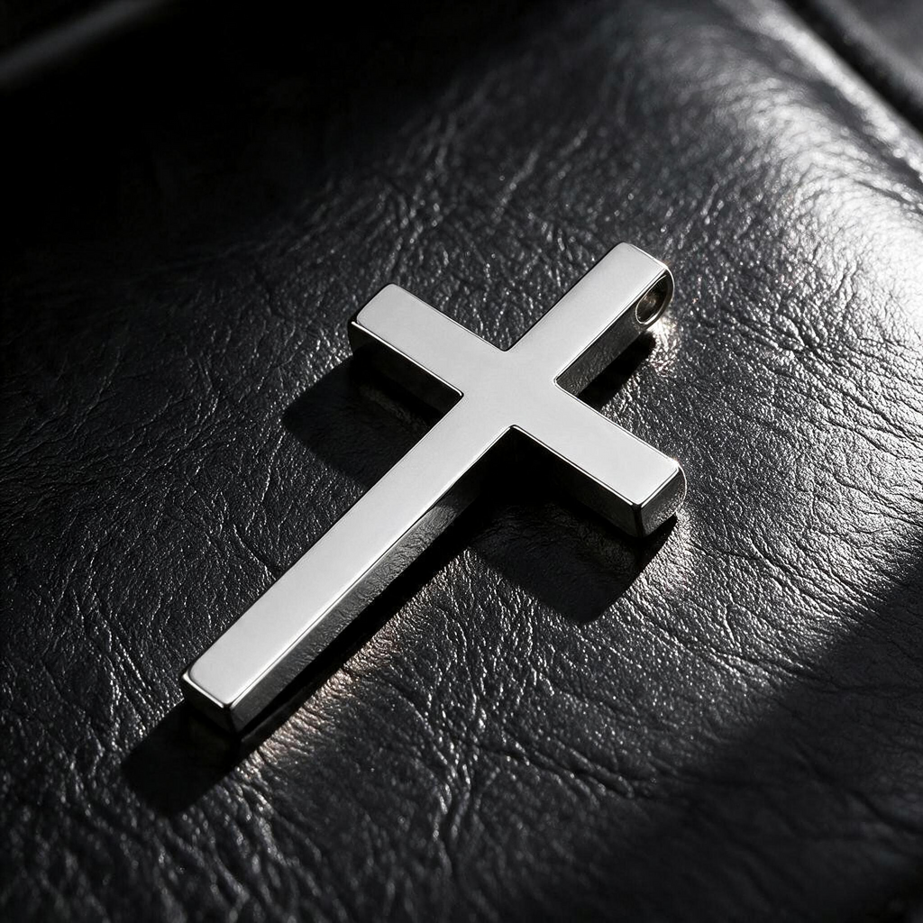 VLKRY - Pure Titanium Jewelry Crux Kreuzanhänger aus poliertem, hypoallergenem TA1-Titan auf schwarzem Lederhintergrund