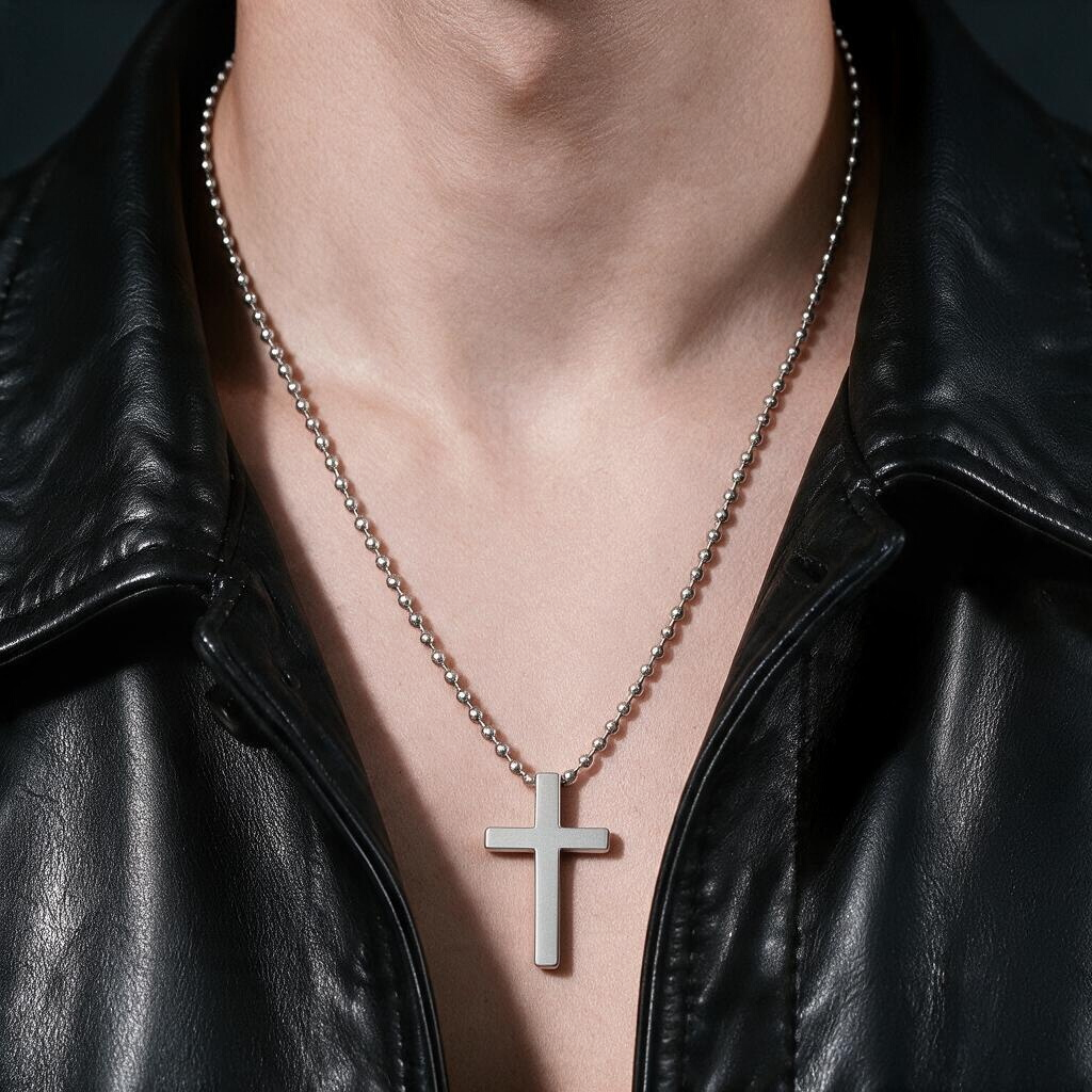 VLKRY - Pure Titanium Jewelry Crux Halskette mit Kreuzanhänger an einer spiegelpolierten Perlenkette aus Titan