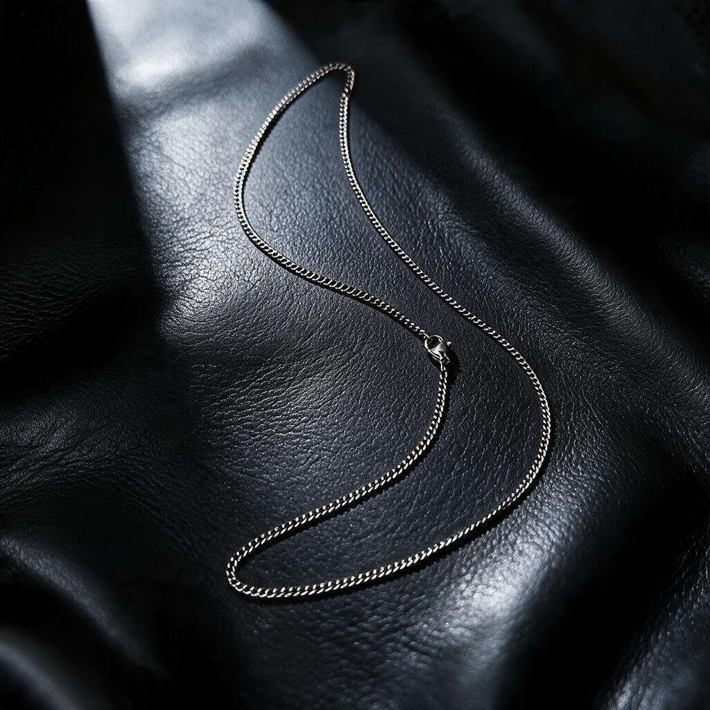 VLKRY - Pure Titanium Jewelry Modern Halskette mit 1,8 mm Gliedern auf schwarzem Lederhintergrund