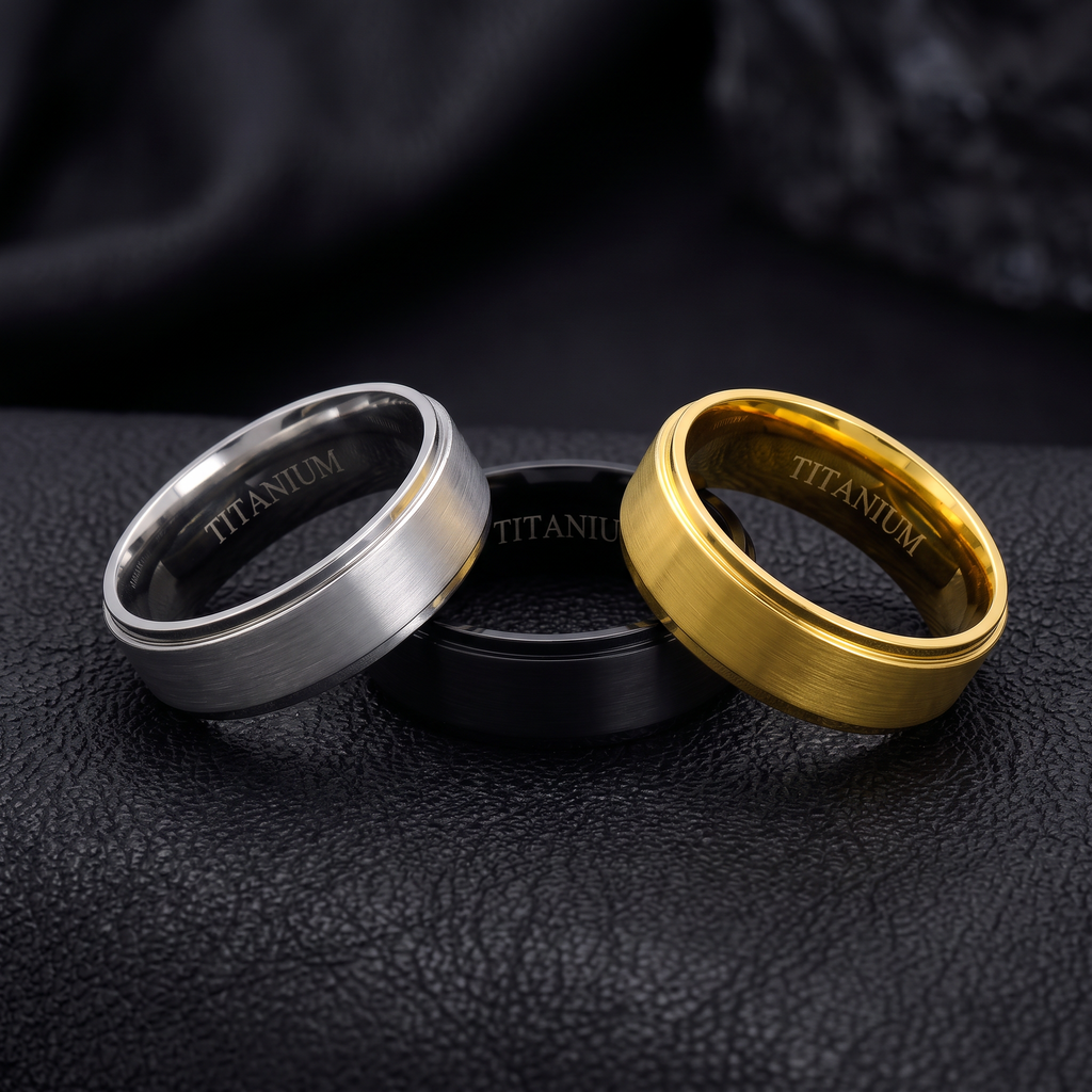 VLKRY - Pure Titanium Jewelry Ring-Set in Silber, Schwarz und Gold mit gebürsteter Oberfläche auf schwarzem Leder