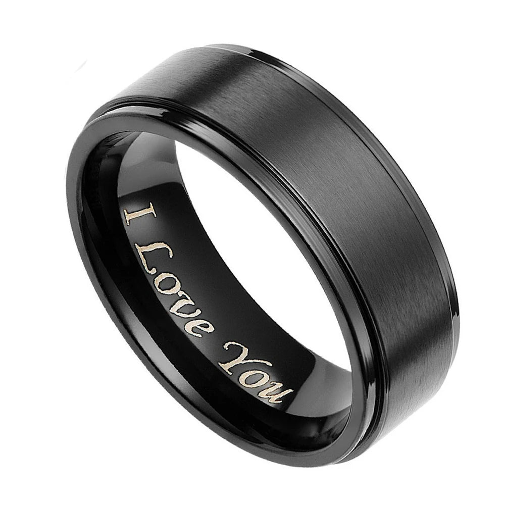 VLKRY - Pure Titanium Jewelry Statement Ring in matte black titanium with polished edges and I Love You engraving