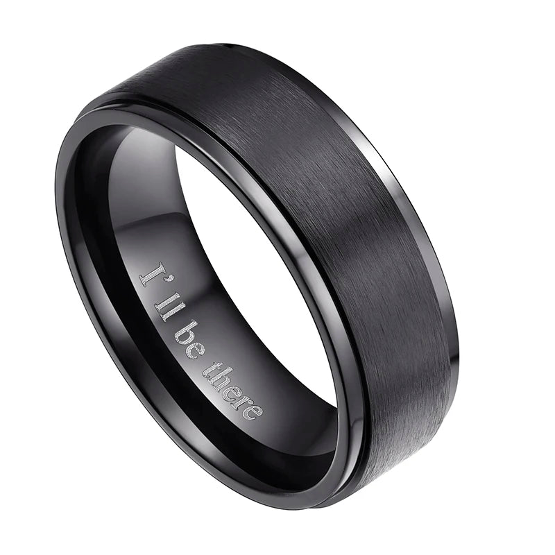 VLKRY - Pure Titanium Jewelry Statement Ring aus mattem Schwarz mit polierten Kanten und Gravur I'll Be There