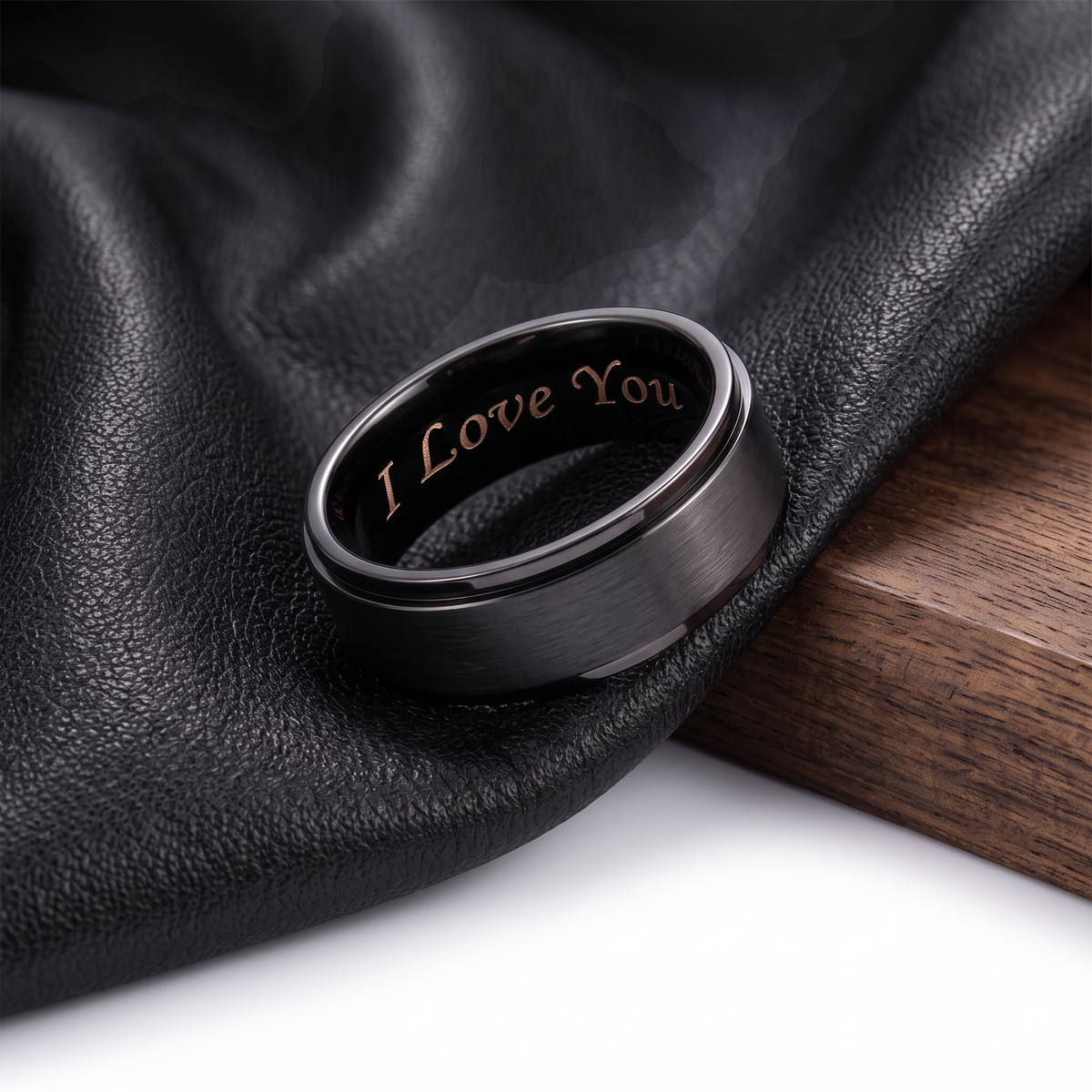 VLKRY - Pure Titanium Jewelry Statement Ring in matte black titanium with polished edges and I Love You engraving