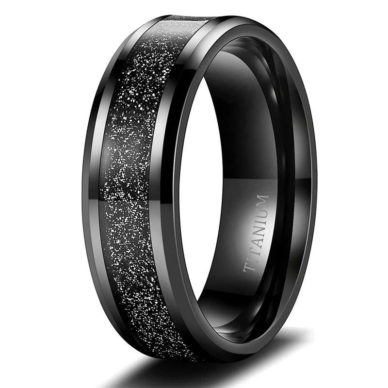 VLKRY - Pure Titanium Jewelry schwarzer Titanring mit sandgestrahlter, glitzernder Inlay-Struktur und polierten Kanten