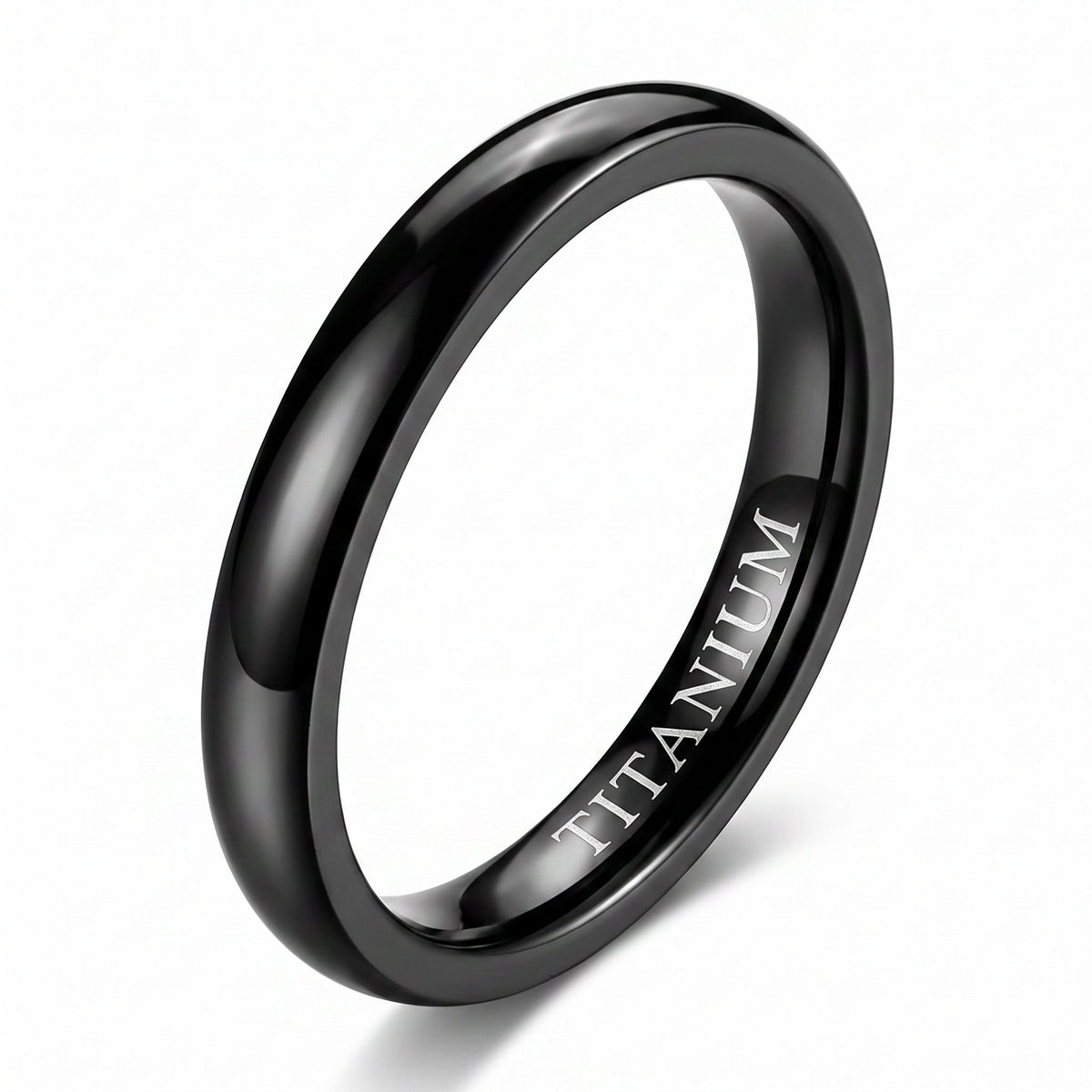 VLKRY - Pure Titanium Jewelry Eclipse Ring in poliertem Schwarz mit gewölbtem Design und eingraviertem Schriftzug