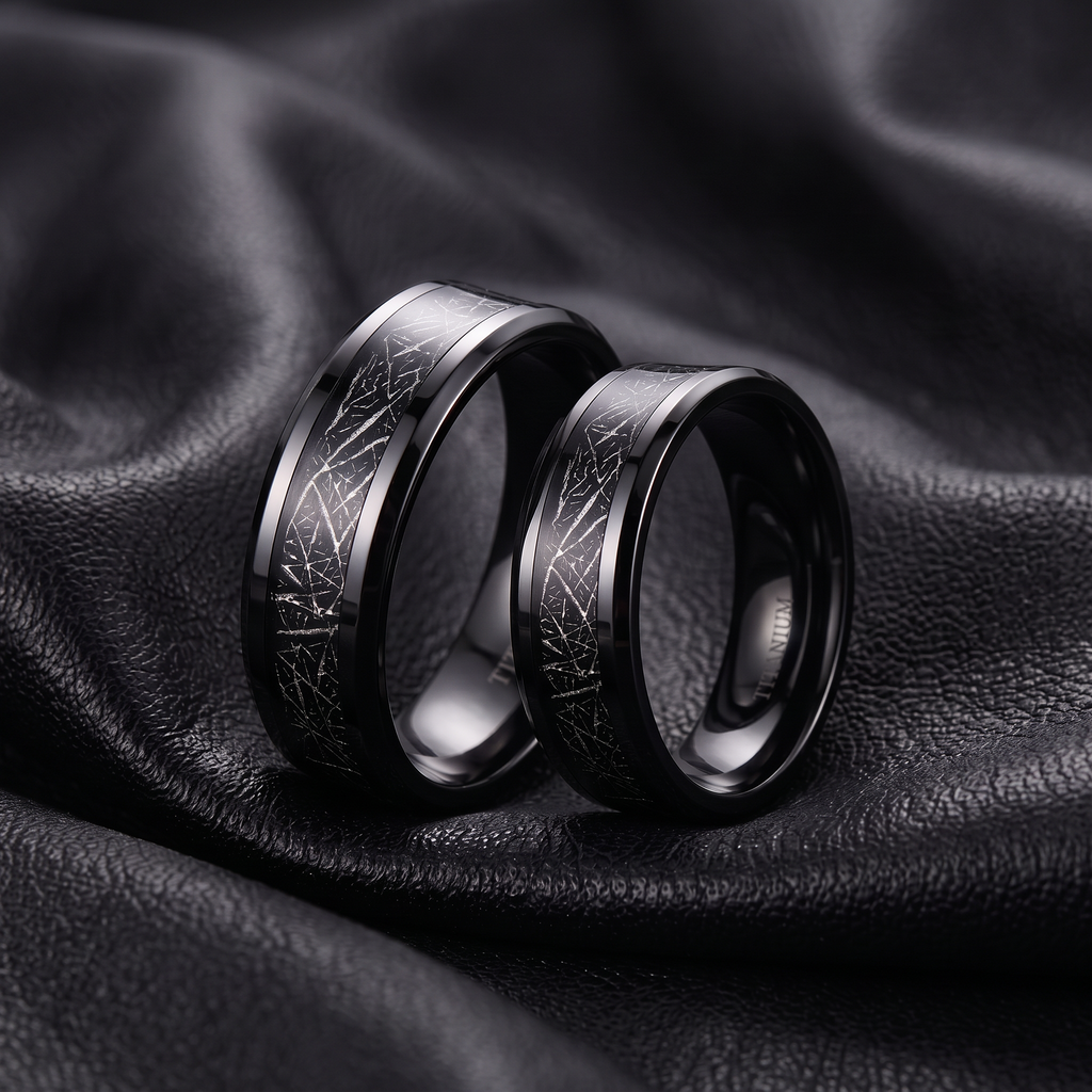 VLKRY - Pure Titanium Jewelry schwarzer Titanring mit sandgestrahlter, texturierter Einlage auf schwarzem Leder