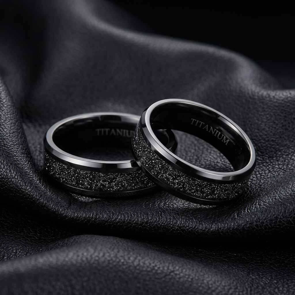 VLKRY - Pure Titanium Jewelry Ring Night aus schwarzem Titan mit sandgestrahlter, glitzernder Inlay-Struktur