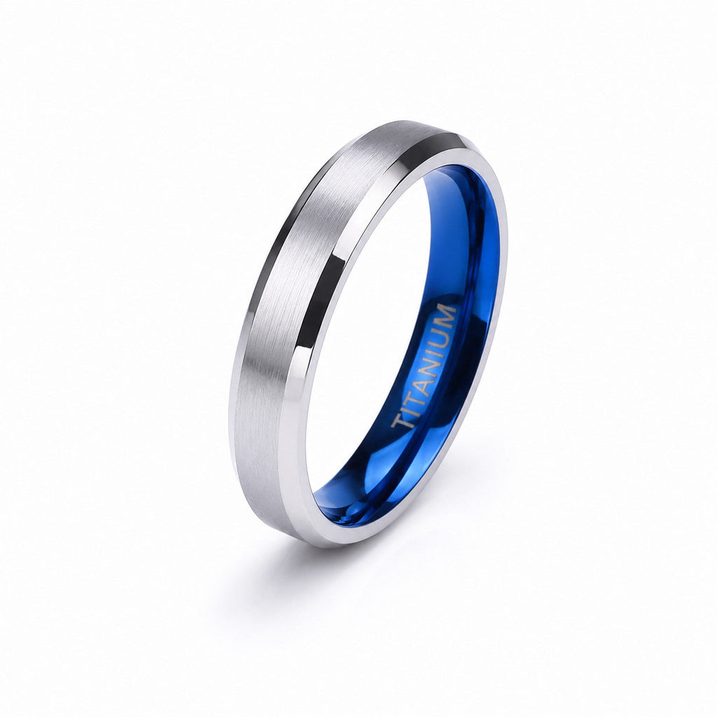 VLKRY - Pure Titanium Jewelry Ring mit gebürsteter silberner Oberfläche und leuchtend blauem Innenbereich