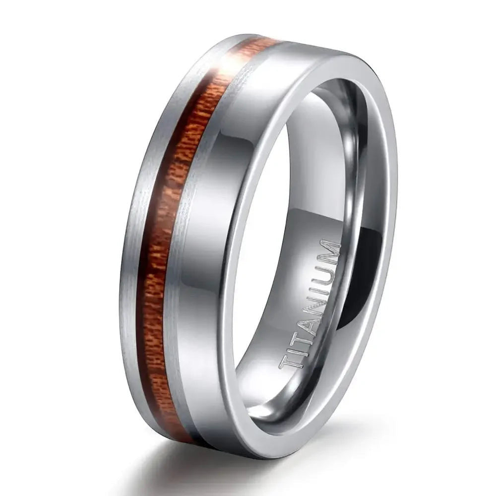 VLKRY - Pure Titanium Jewelry Ring Elegance mit poliertem Titan und natürlichem Holzinlay