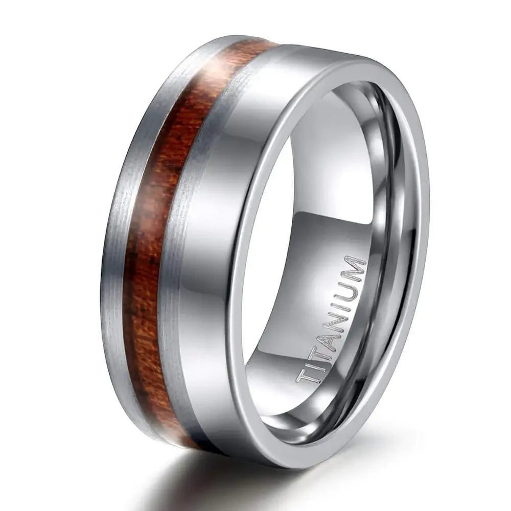 VLKRY - Pure Titanium Jewelry Ring Elegance mit poliertem Titan und natürlicher Holzeinlage