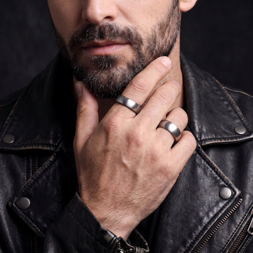 VLKRY - Pure Titanium Jewelry Core Ring mit gebürsteter matter Oberfläche an der Hand eines Mannes in Lederjacke
