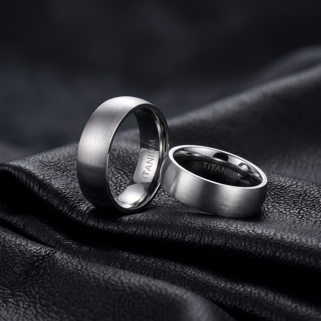 Zwei VLKRY - Pure Titanium Jewelry Ringe mit gebürsteter Oberfläche und poliertem Innenband auf schwarzem Leder