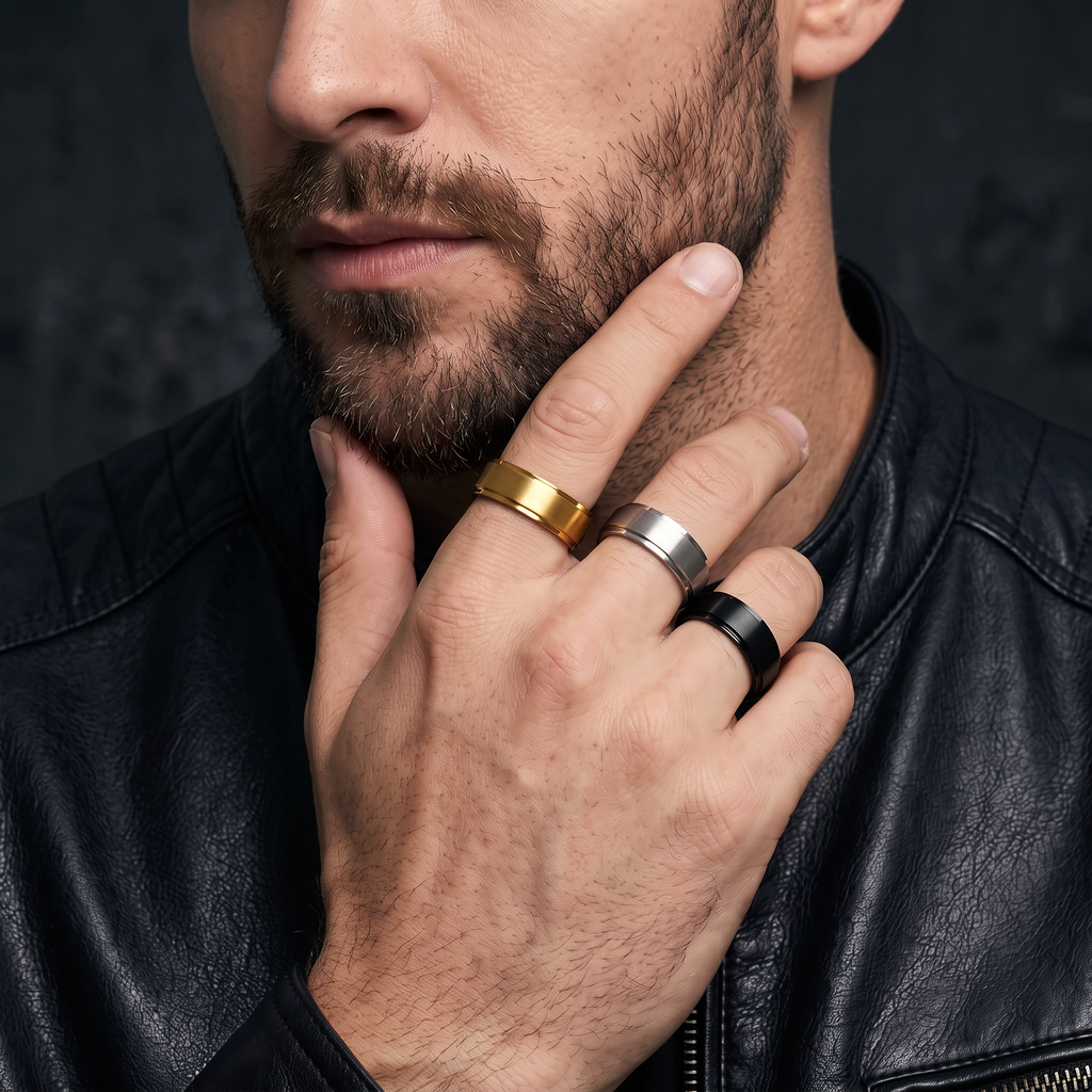 VLKRY - Pure Titanium Jewelry Ring-Set in Gold, Silver und Schwarz mit gebürstetem Finish an einer Männerhand