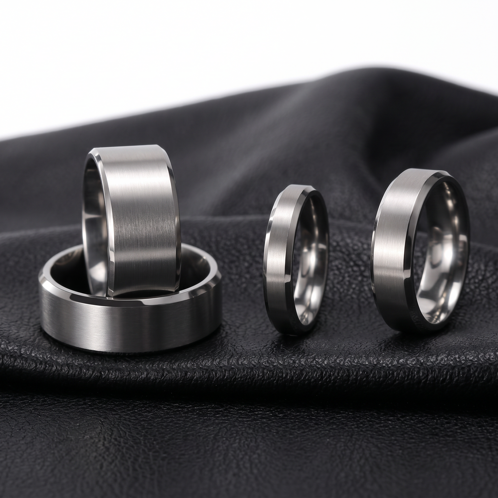 VLKRY - Pure Titanium Jewelry Ring-Set mit gebürsteter Oberfläche und polierten Kanten auf schwarzem Leder