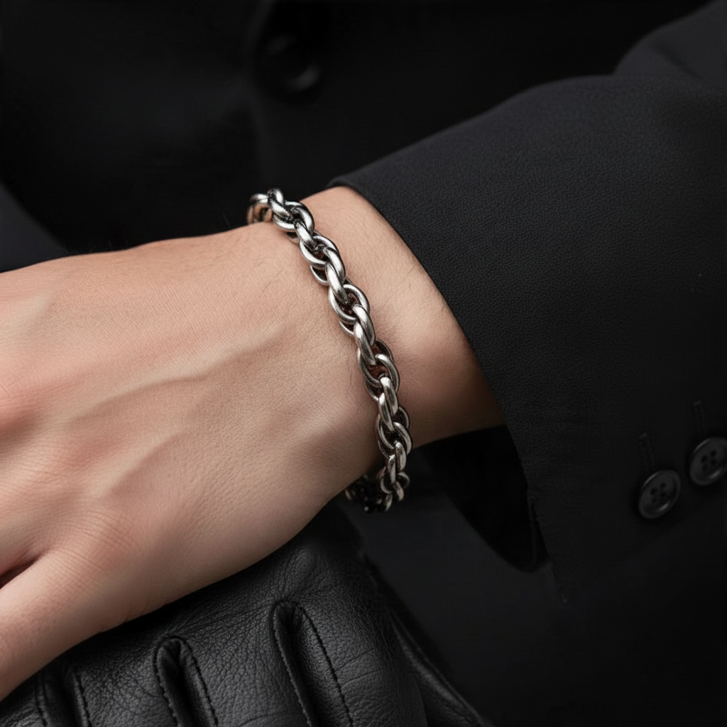 VLKRY - Pure Titanium Jewelry Armband mit gedrehtem 7mm Kettenglied-Design aus reinem Titan an einem Handgelenk.